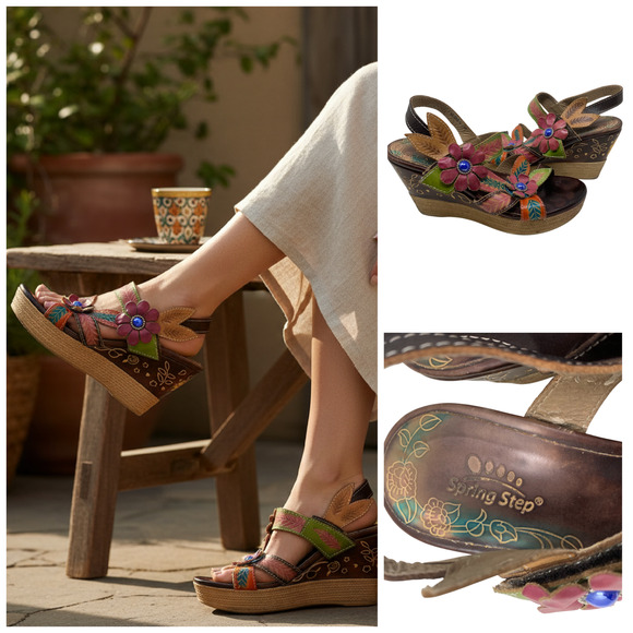 L'Artiste Spring Step Althea Leather Floral Wedge Heel Sandals Sz 38 US 7.5/8 - Picture 1 of 13